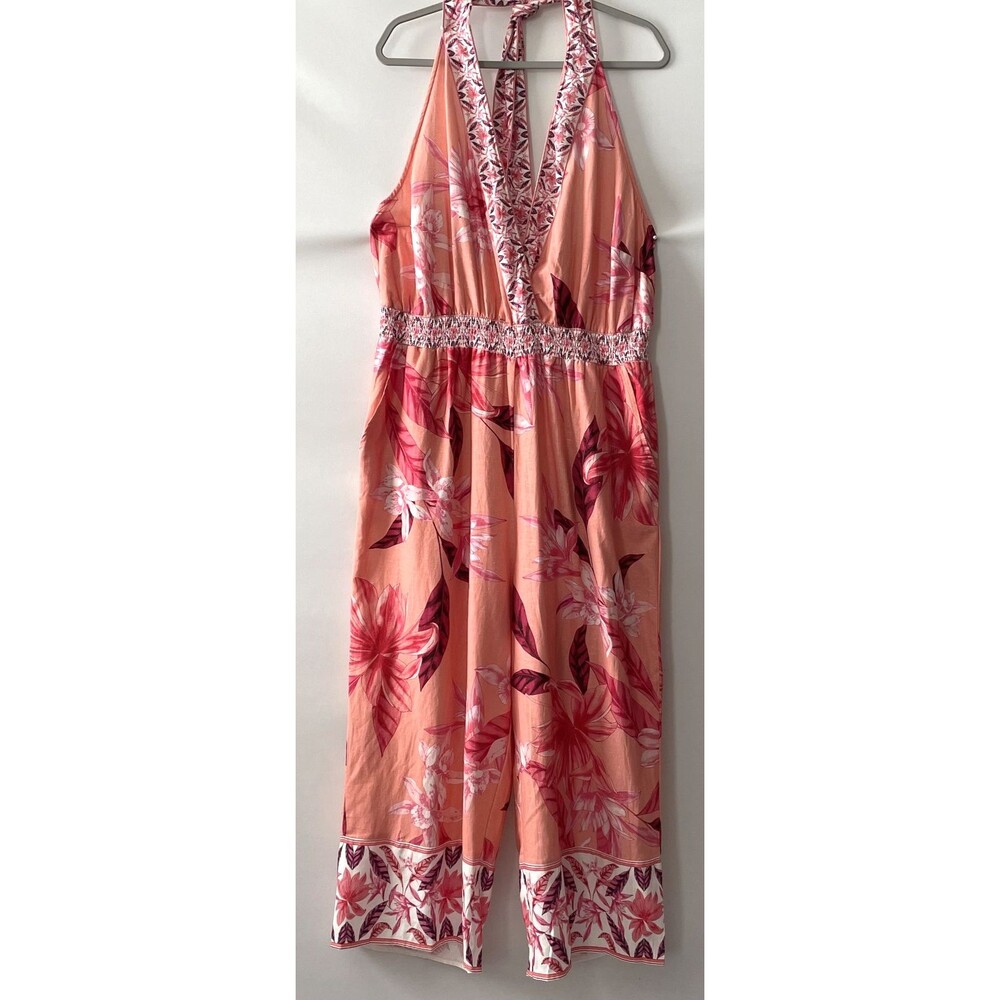 Venus Floral Halter Wide Leg Jumpsuit Peach Pink Woven Women Size 18-(ep)